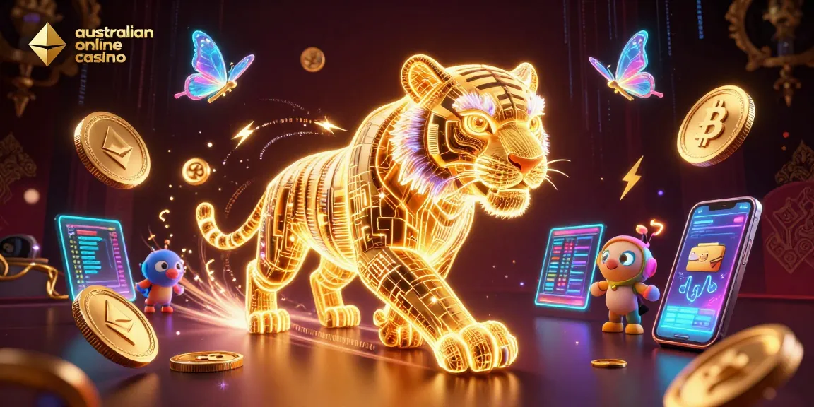 Engage with the vibrant world of an australian online casino featuring a golden tiger and holographic elements.