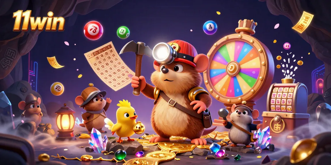 Engage in thrilling lottery action with 11win's 3D treasure hunter scene filled with bouncing balls and prizes.