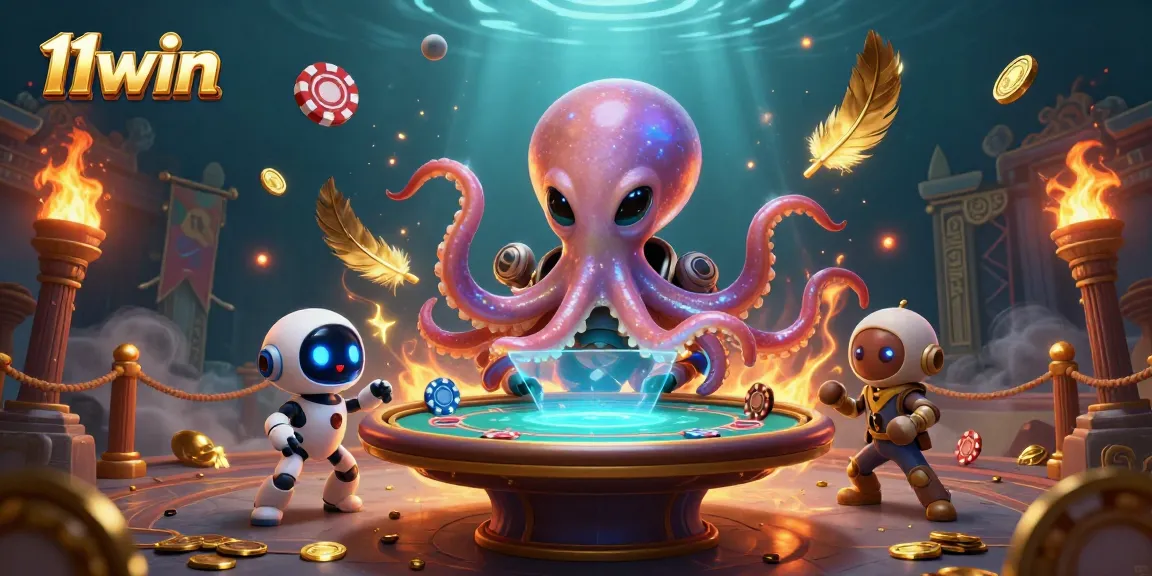 11win showcases a vibrant 3D alien octopus at a holographic poker table, surrounded by floating chips.